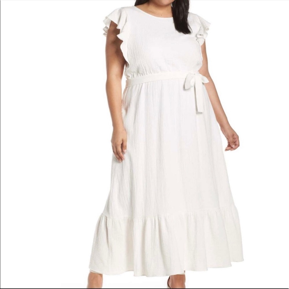 NWT-3X-White Ruffle Sleeve Tie-Waist Maxi Pocket Dress